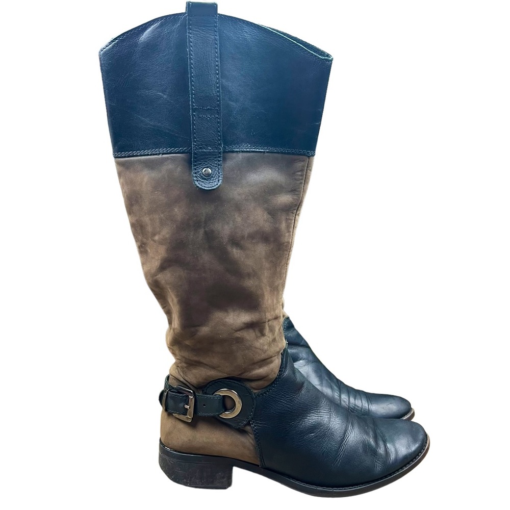 Vera Cuoio Black Brown Italian Leather Riding Boots Distressed Zip Buckle Size 8